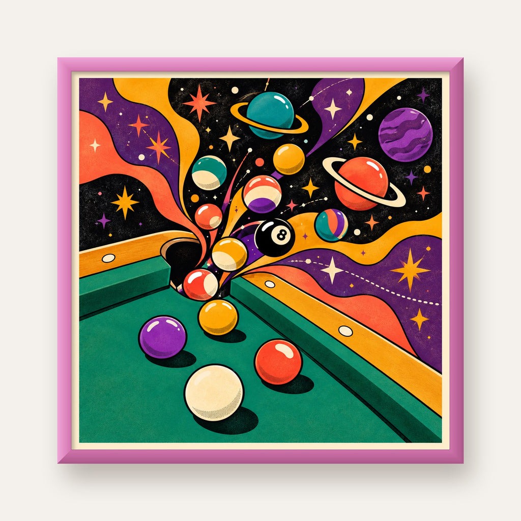 Bilardo ve Uzay Temalı Retro Poster – Canlı Çizgi Roman İllüstrasyonu — pembe çerçeveli