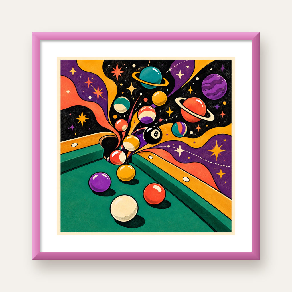 Bilardo ve Uzay Temalı Retro Poster – Canlı Çizgi Roman İllüstrasyonu — pembe çerçeveli paspartulu