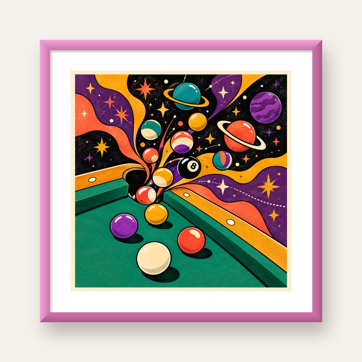 Bilardo ve Uzay Temalı Retro Poster – Canlı Çizgi Roman İllüstrasyonu — pembe çerçeveli paspartulu