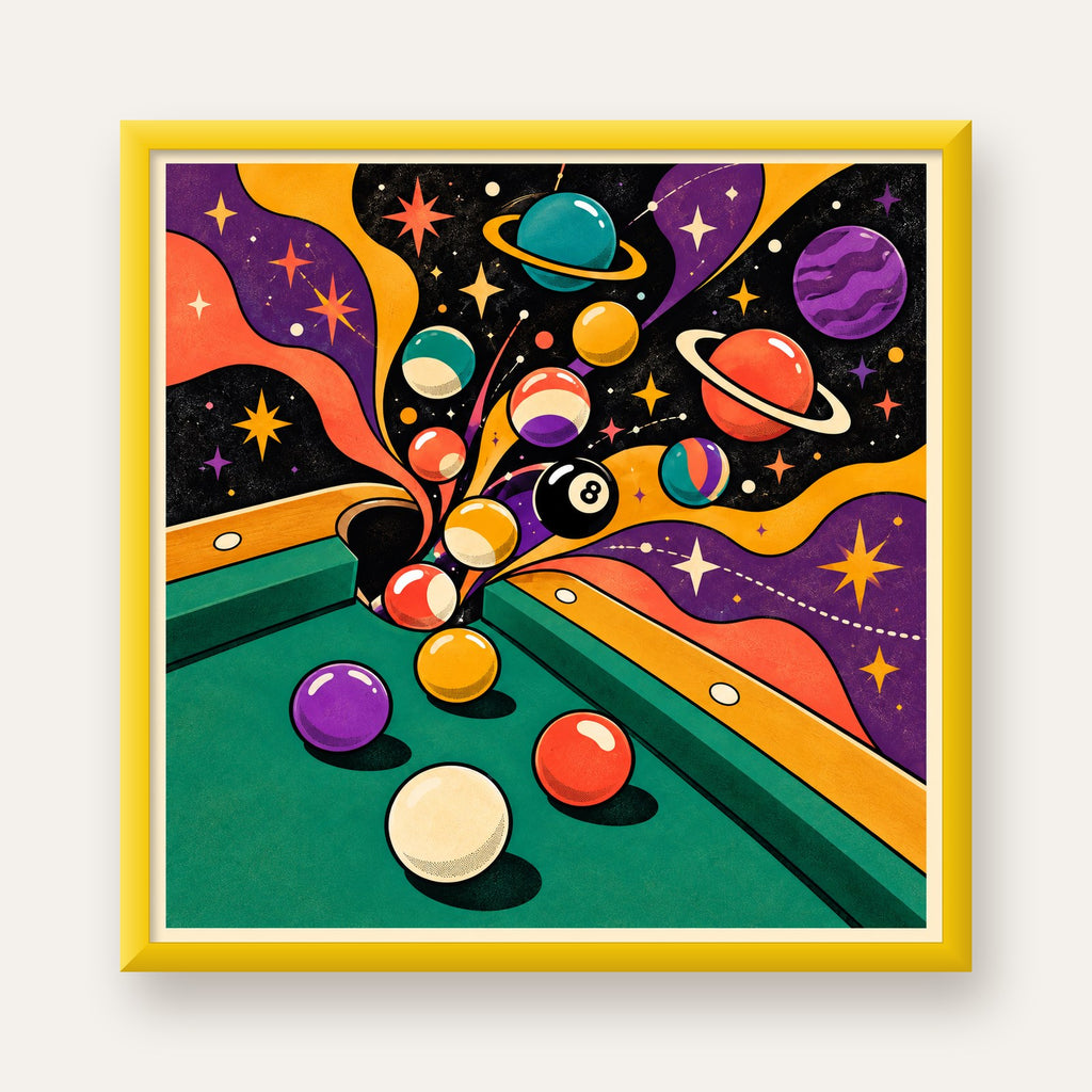 Bilardo ve Uzay Temalı Retro Poster – Canlı Çizgi Roman İllüstrasyonu — sarı çerçeveli