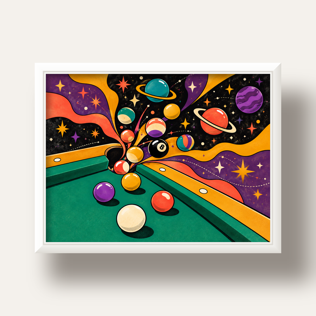 Bilardo ve Uzay Temalı Retro Poster – Canlı Çizgi Roman İllüstrasyonu — beyaz derin çerçeveli