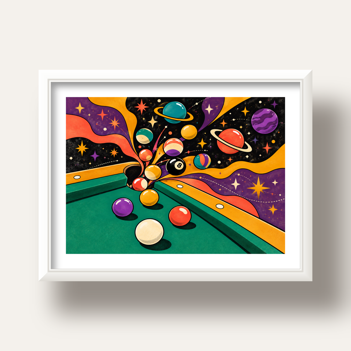 Bilardo ve Uzay Temalı Retro Poster – Canlı Çizgi Roman İllüstrasyonu — beyaz derin çerçeveli paspartulu