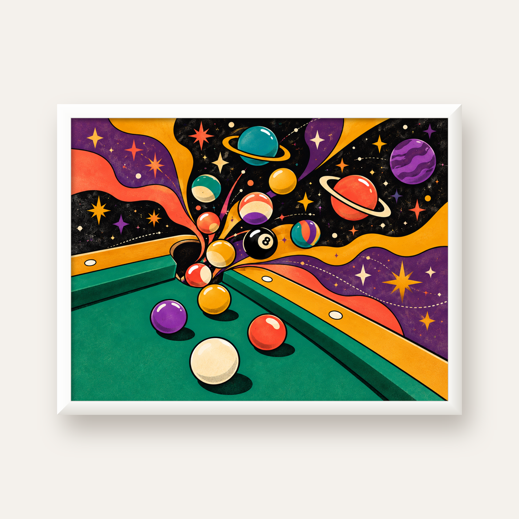 Bilardo ve Uzay Temalı Retro Poster – Canlı Çizgi Roman İllüstrasyonu — beyaz çerçeveli yatay poster
