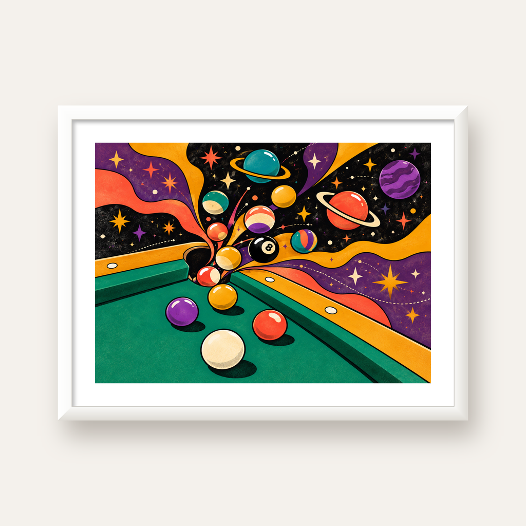 Bilardo ve Uzay Temalı Retro Poster – Canlı Çizgi Roman İllüstrasyonu — beyaz çerçeveli yatay poster