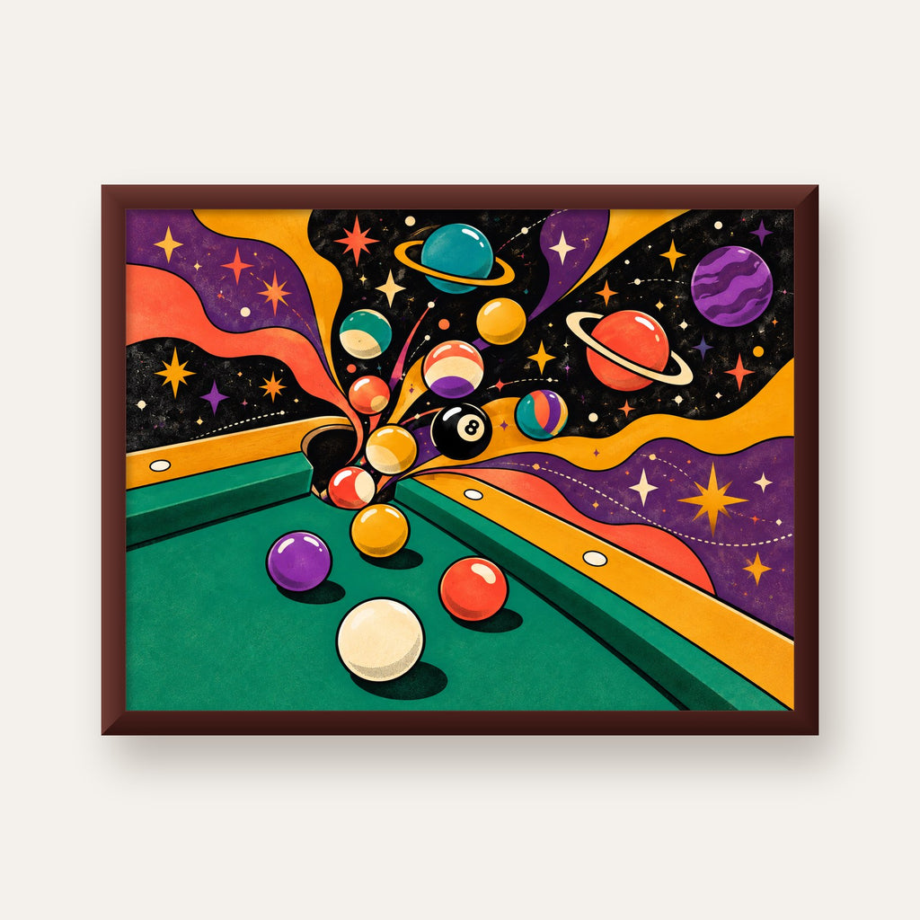 Bilardo ve Uzay Temalı Retro Poster – Canlı Çizgi Roman İllüstrasyonu — ceviz çerçeveli