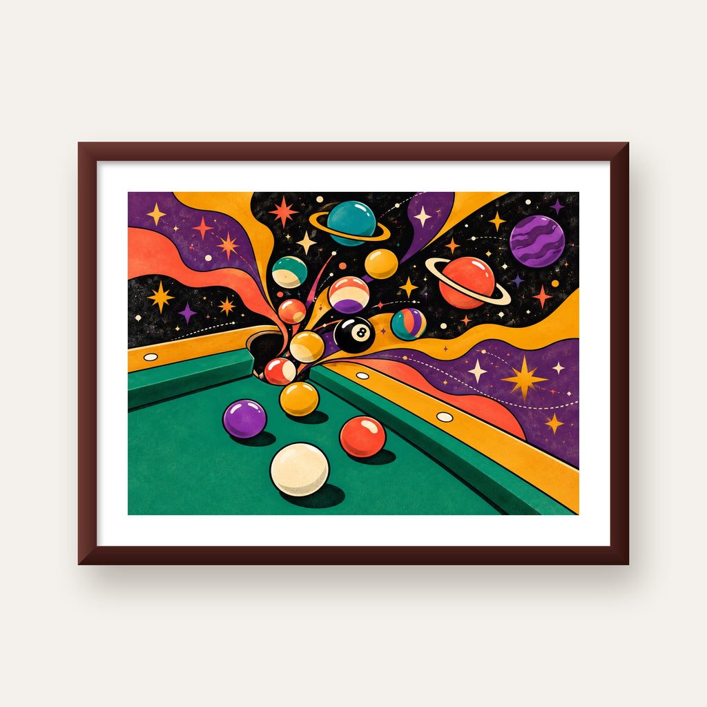 Bilardo ve Uzay Temalı Retro Poster – Canlı Çizgi Roman İllüstrasyonu — ceviz çerçeveli paspartulu