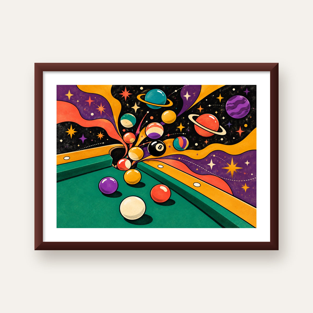 Bilardo ve Uzay Temalı Retro Poster – Canlı Çizgi Roman İllüstrasyonu — ceviz çerçeveli paspartulu