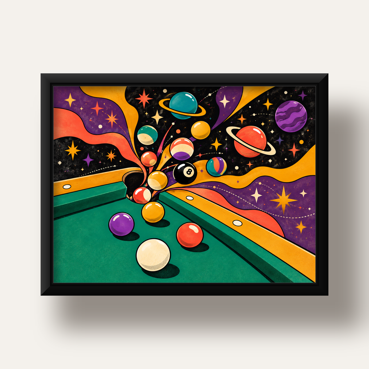 Bilardo ve Uzay Temalı Retro Poster – Canlı Çizgi Roman İllüstrasyonu — siyah derin çerçeveli