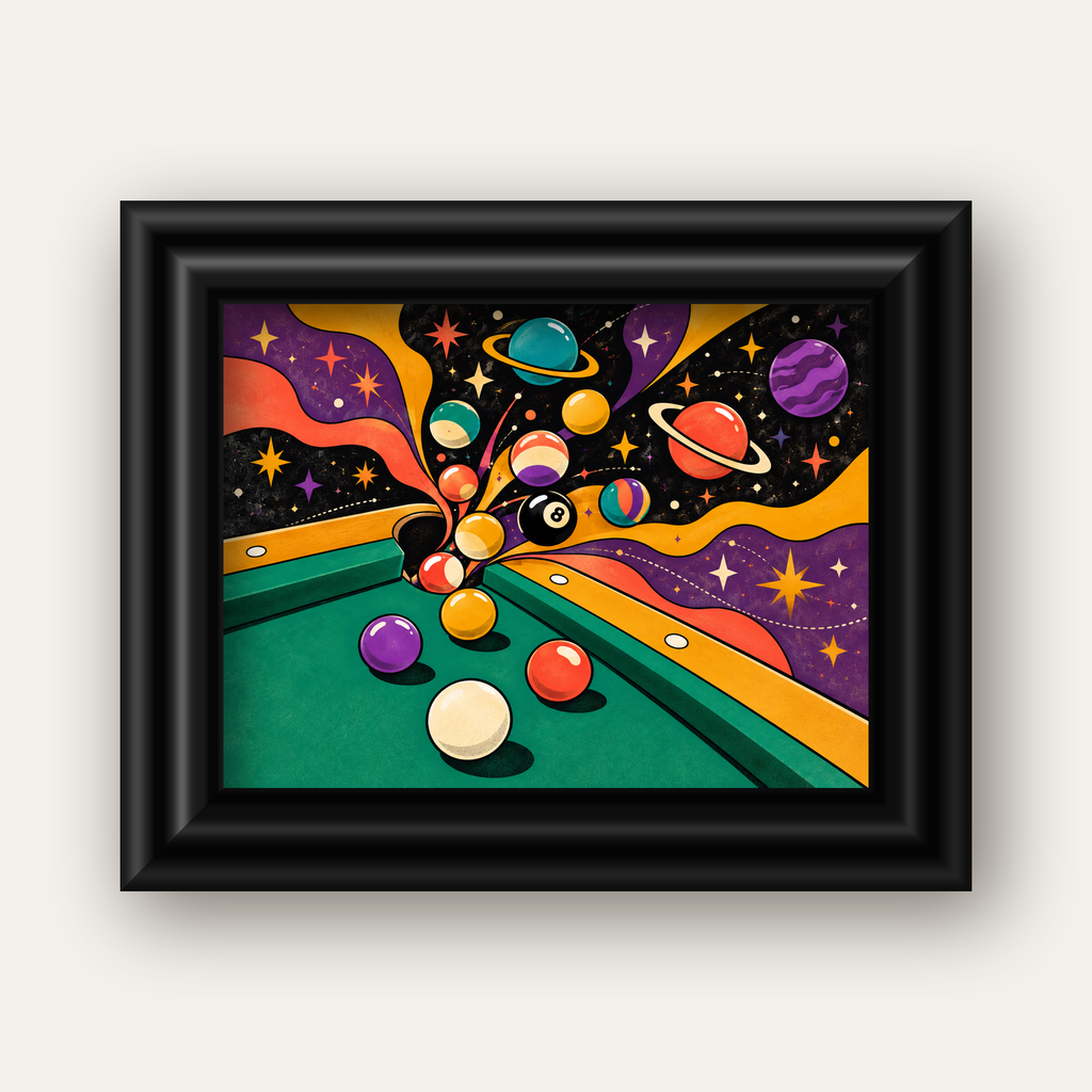 Bilardo ve Uzay Temalı Retro Poster – Canlı Çizgi Roman İllüstrasyonu — siyah galeri çerçeveli
