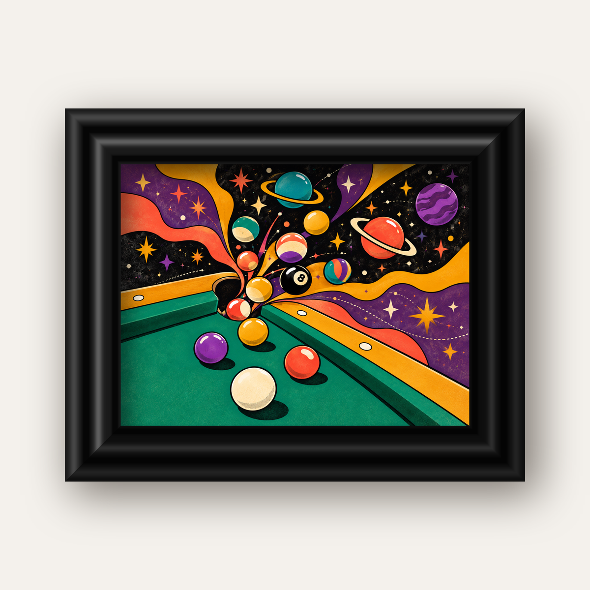 Bilardo ve Uzay Temalı Retro Poster – Canlı Çizgi Roman İllüstrasyonu — siyah galeri çerçeveli