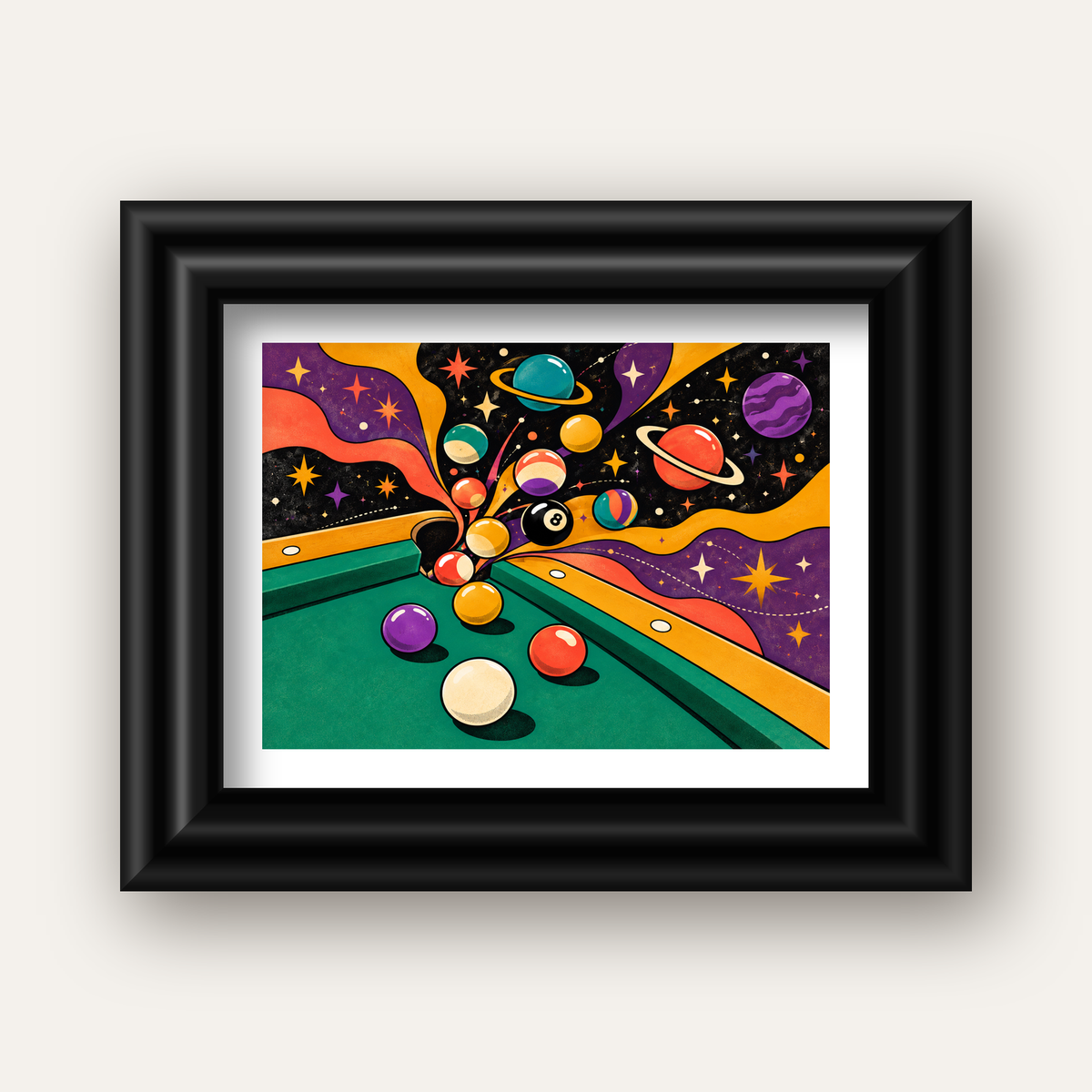 Bilardo ve Uzay Temalı Retro Poster – Canlı Çizgi Roman İllüstrasyonu — siyah galeri çerçeveli paspartulu