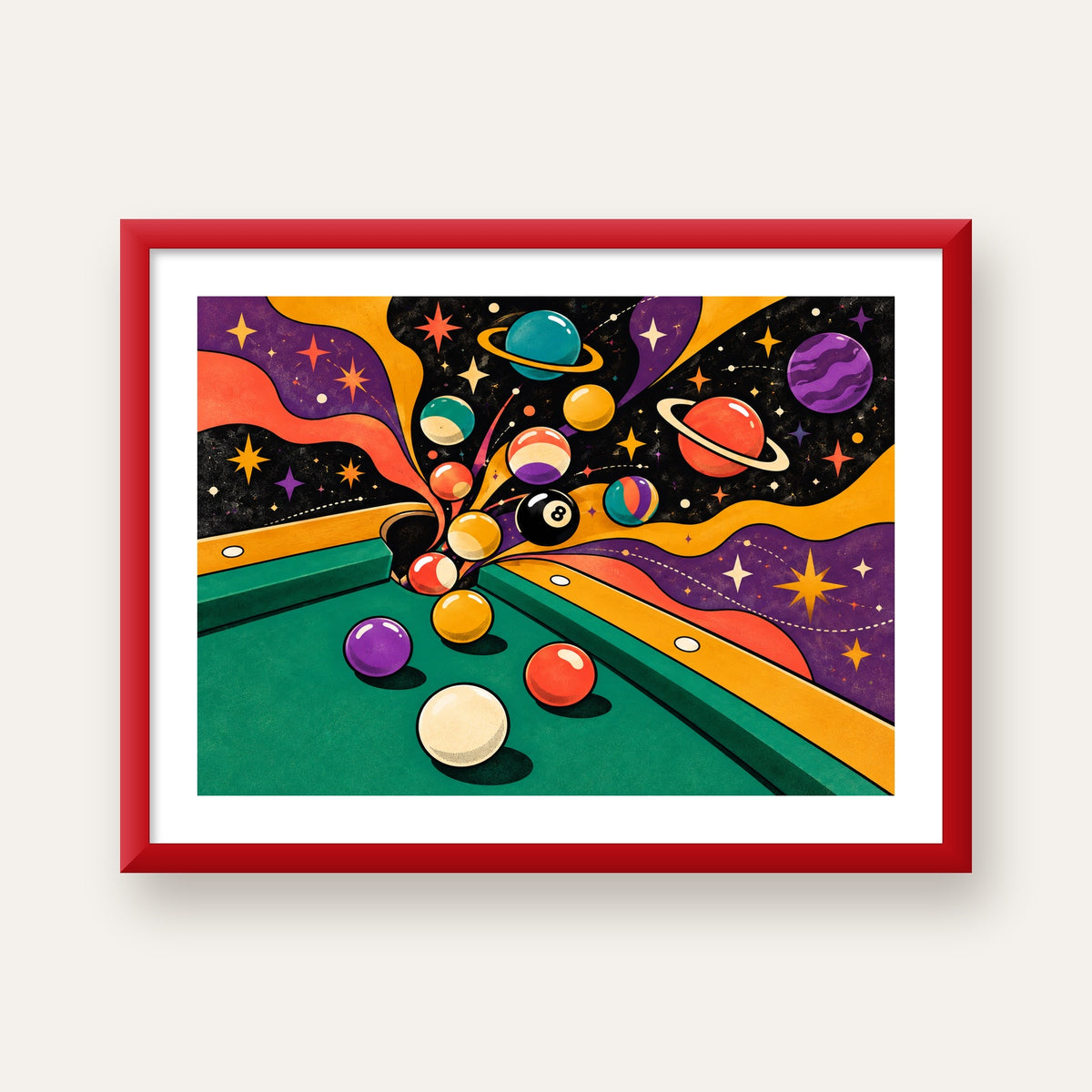 Bilardo ve Uzay Temalı Retro Poster – Canlı Çizgi Roman İllüstrasyonu — kırmızı çerçeveli paspartulu