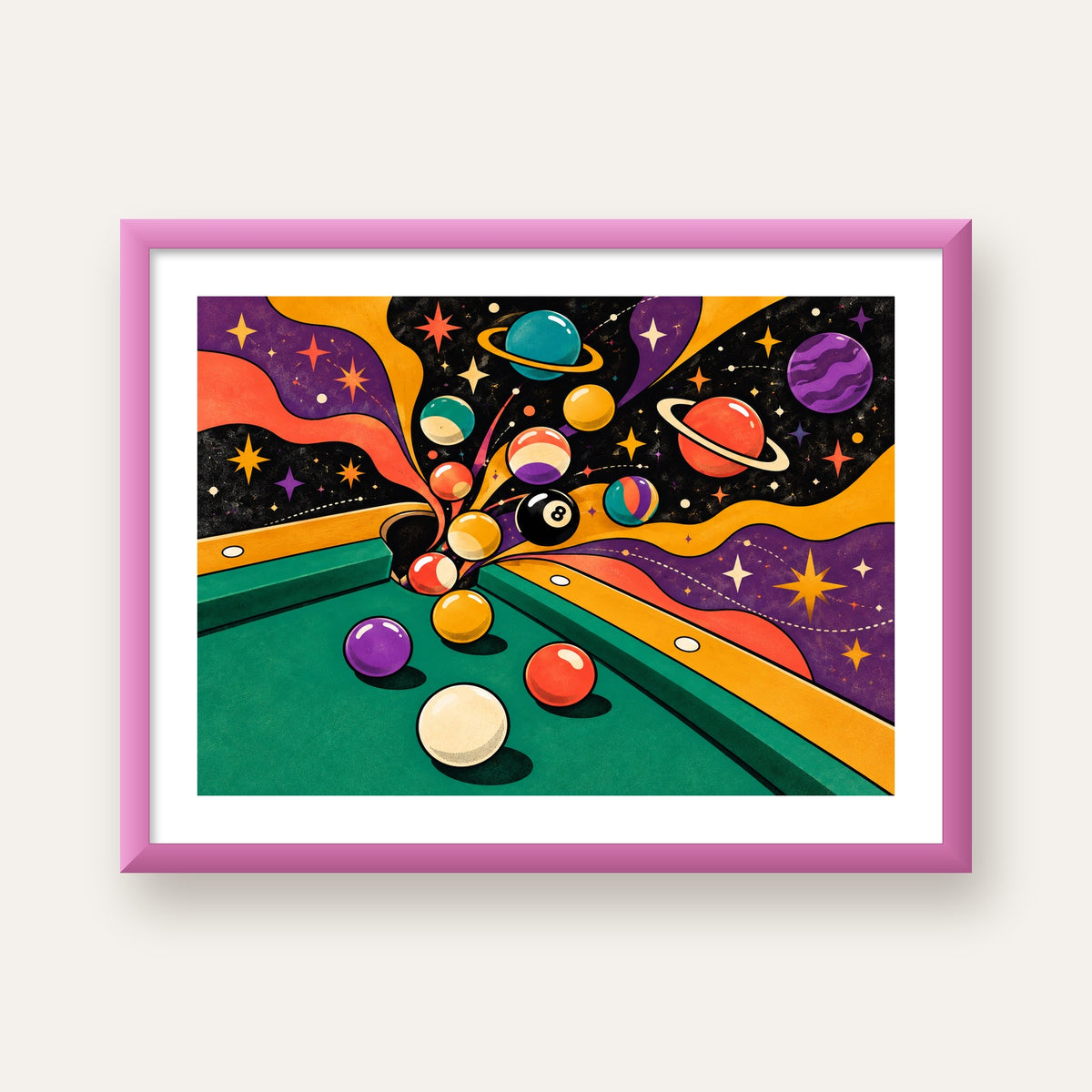 Bilardo ve Uzay Temalı Retro Poster – Canlı Çizgi Roman İllüstrasyonu — pembe çerçeveli paspartulu