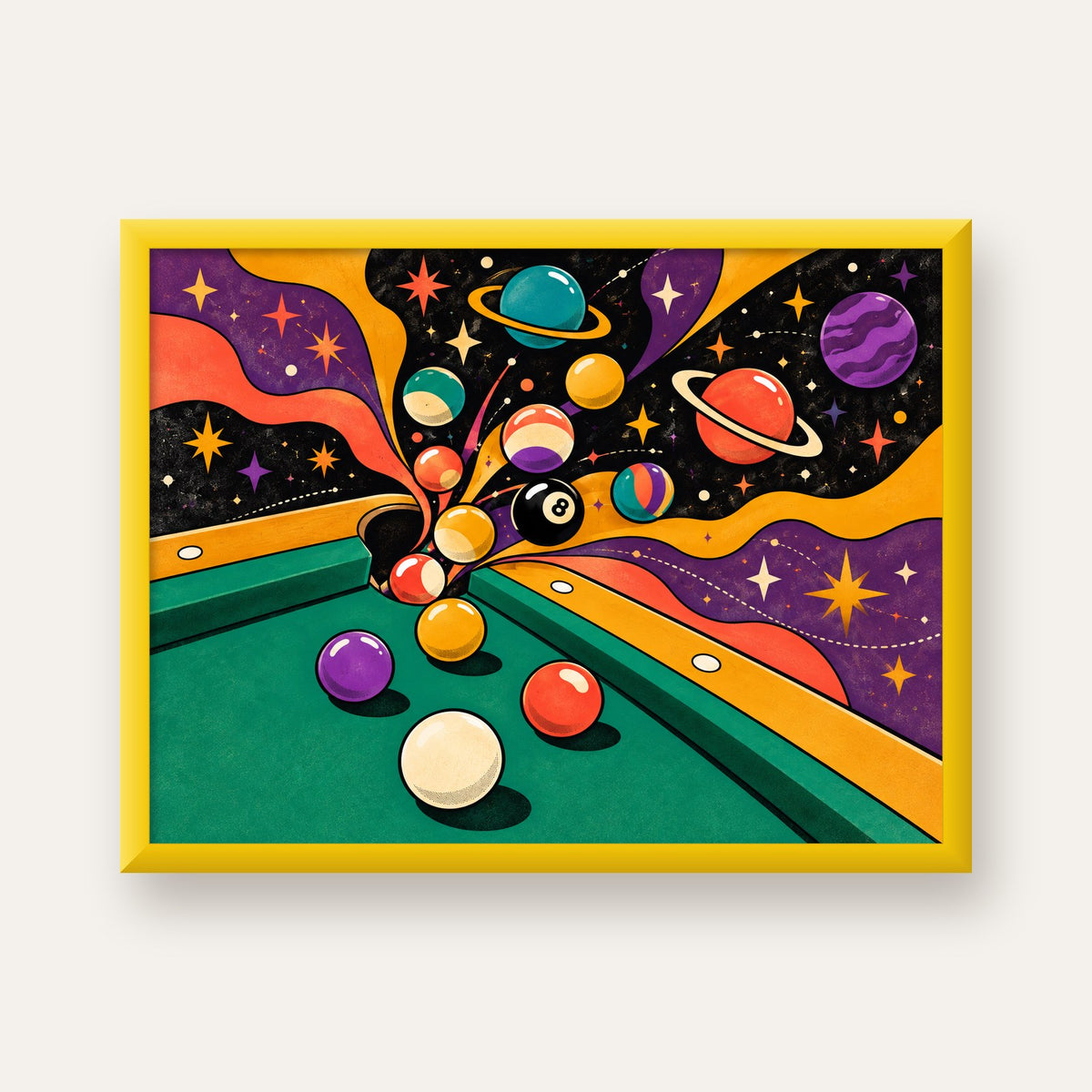 Bilardo ve Uzay Temalı Retro Poster – Canlı Çizgi Roman İllüstrasyonu — sarı çerçeveli