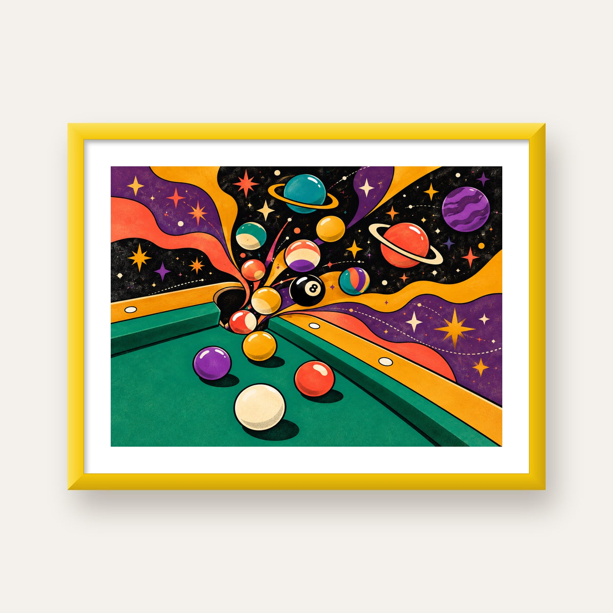 Bilardo ve Uzay Temalı Retro Poster – Canlı Çizgi Roman İllüstrasyonu — sarı çerçeveli paspartulu
