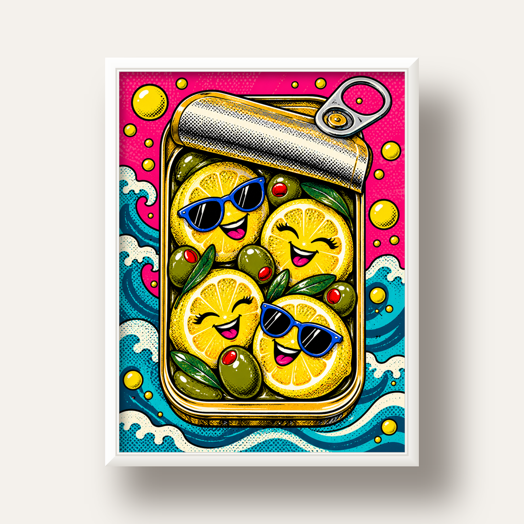 Limon ve Zeytinli Neşeli Konserve Poster - Çizgi Roman Stil — beyaz derin çerçeveli