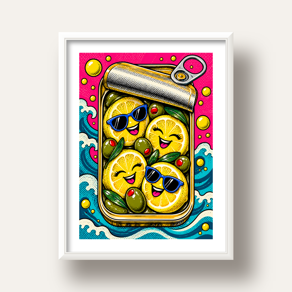 Limon ve Zeytinli Neşeli Konserve Poster - Çizgi Roman Stil — beyaz derin çerçeveli paspartulu