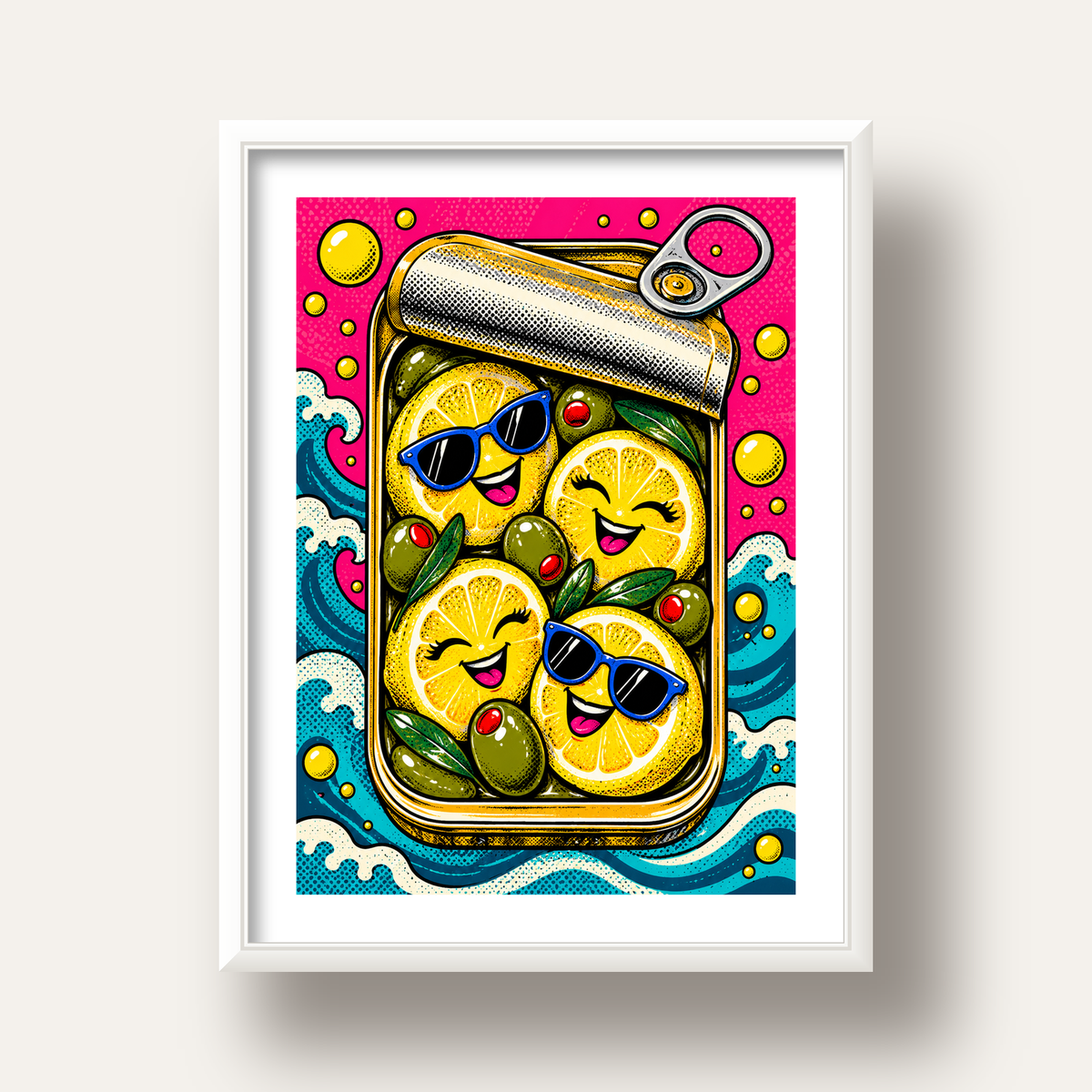 Limon ve Zeytinli Neşeli Konserve Poster - Çizgi Roman Stil — beyaz derin çerçeveli paspartulu