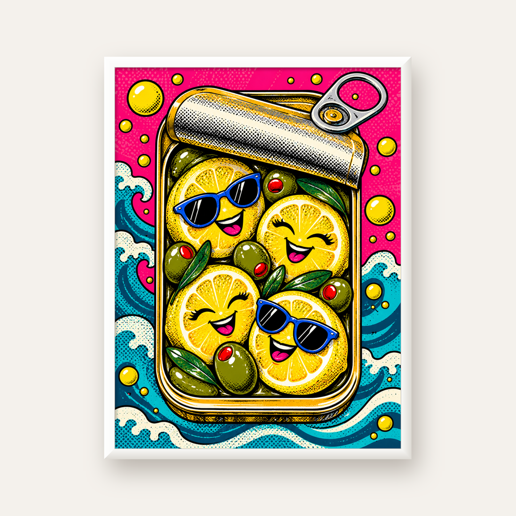 Limon ve Zeytinli Neşeli Konserve Poster - Çizgi Roman Stil — beyaz çerçeveli dikey poster