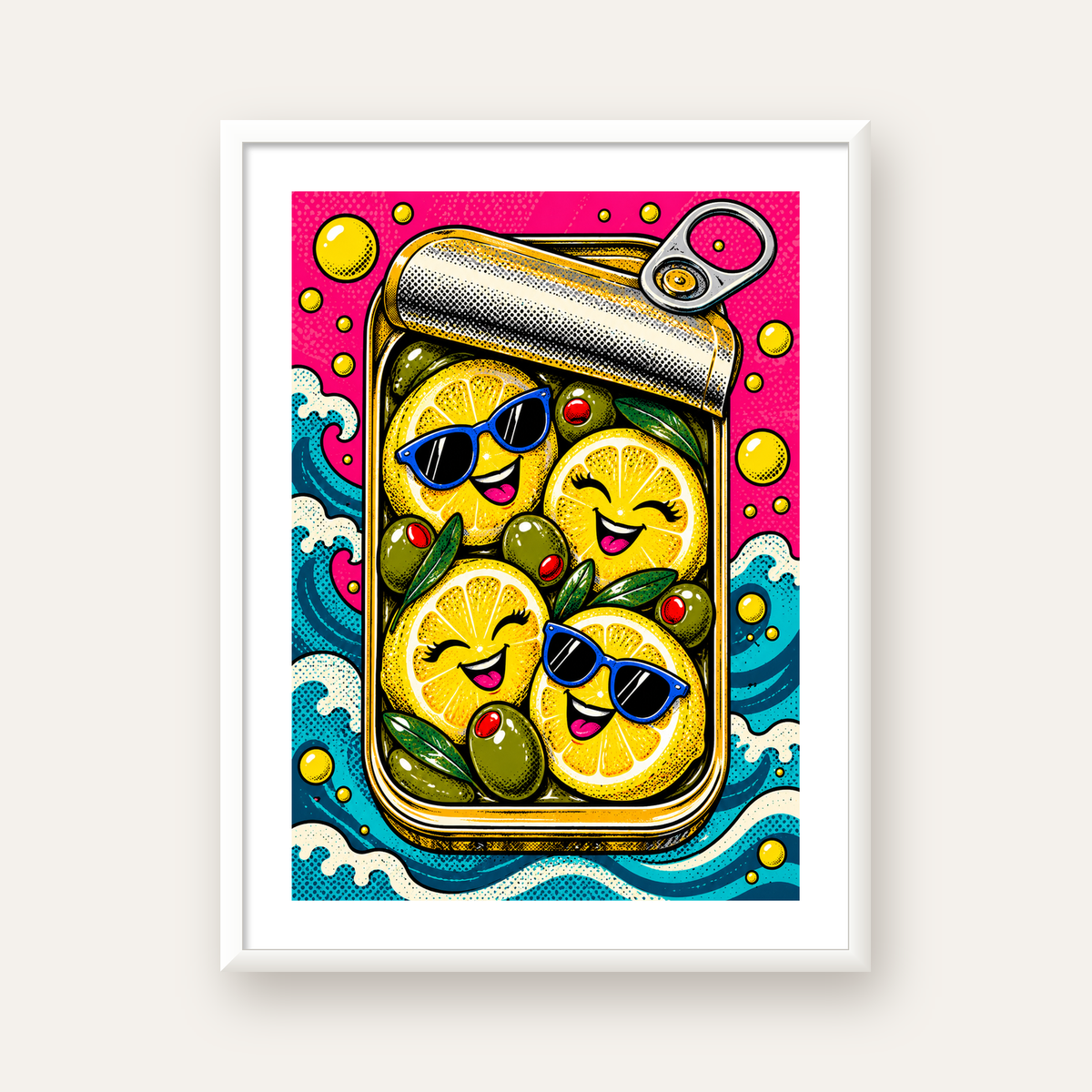 Limon ve Zeytinli Neşeli Konserve Poster - Çizgi Roman Stil — beyaz çerçeveli dikey poster