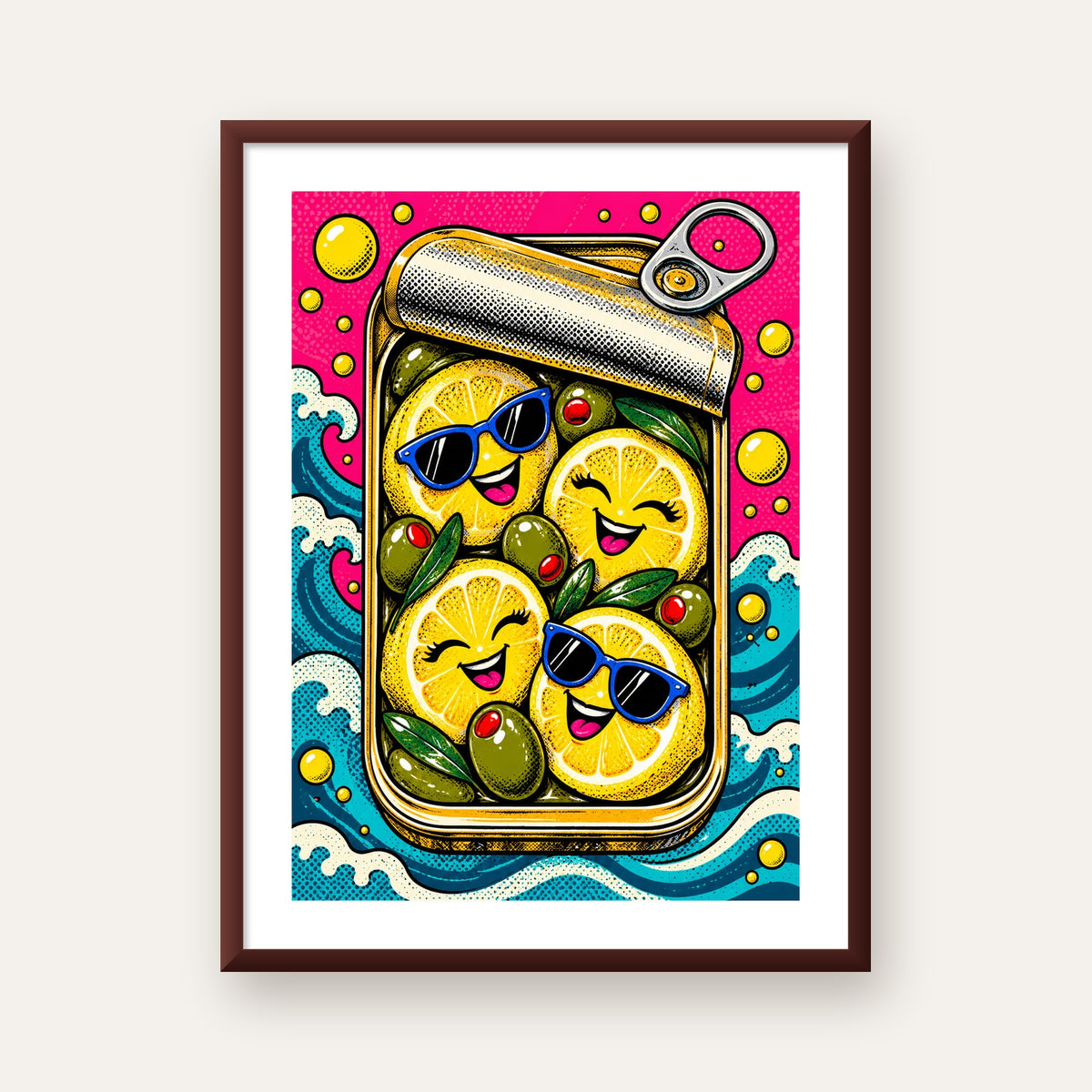 Limon ve Zeytinli Neşeli Konserve Poster - Çizgi Roman Stil — ceviz çerçeveli paspartulu