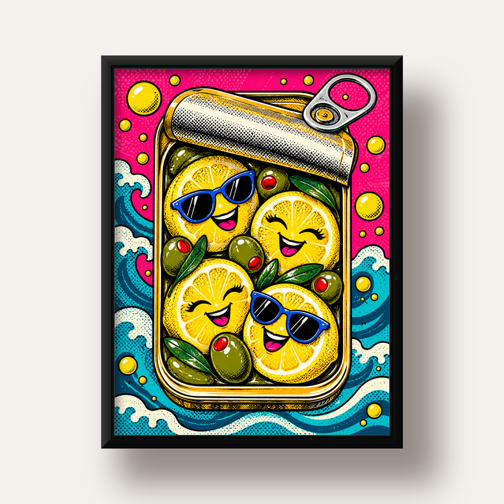 Limon ve Zeytinli Neşeli Konserve Poster - Çizgi Roman Stil — siyah derin çerçeveli