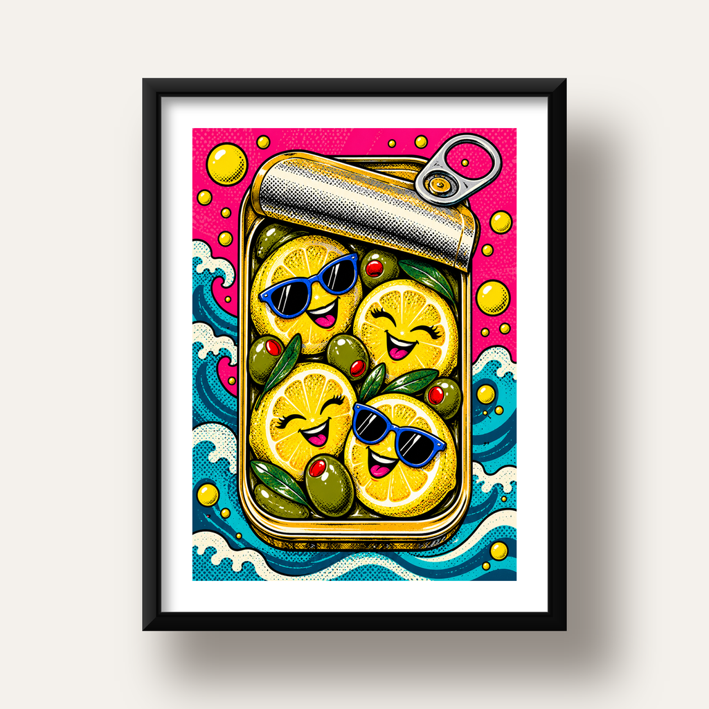 Limon ve Zeytinli Neşeli Konserve Poster - Çizgi Roman Stil — siyah derin çerçeveli paspartulu