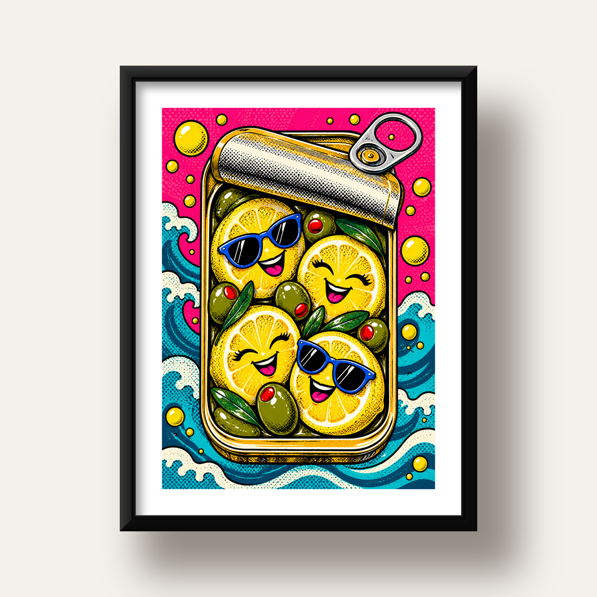 Limon ve Zeytinli Neşeli Konserve Poster - Çizgi Roman Stil — siyah derin çerçeveli paspartulu