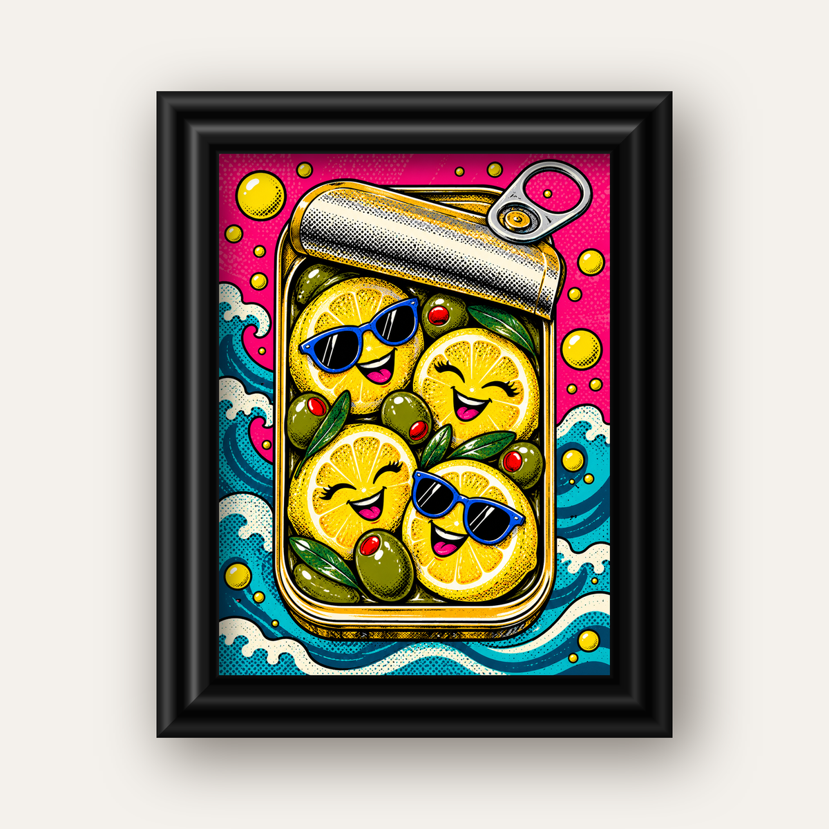 Limon ve Zeytinli Neşeli Konserve Poster - Çizgi Roman Stil — siyah galeri çerçeveli