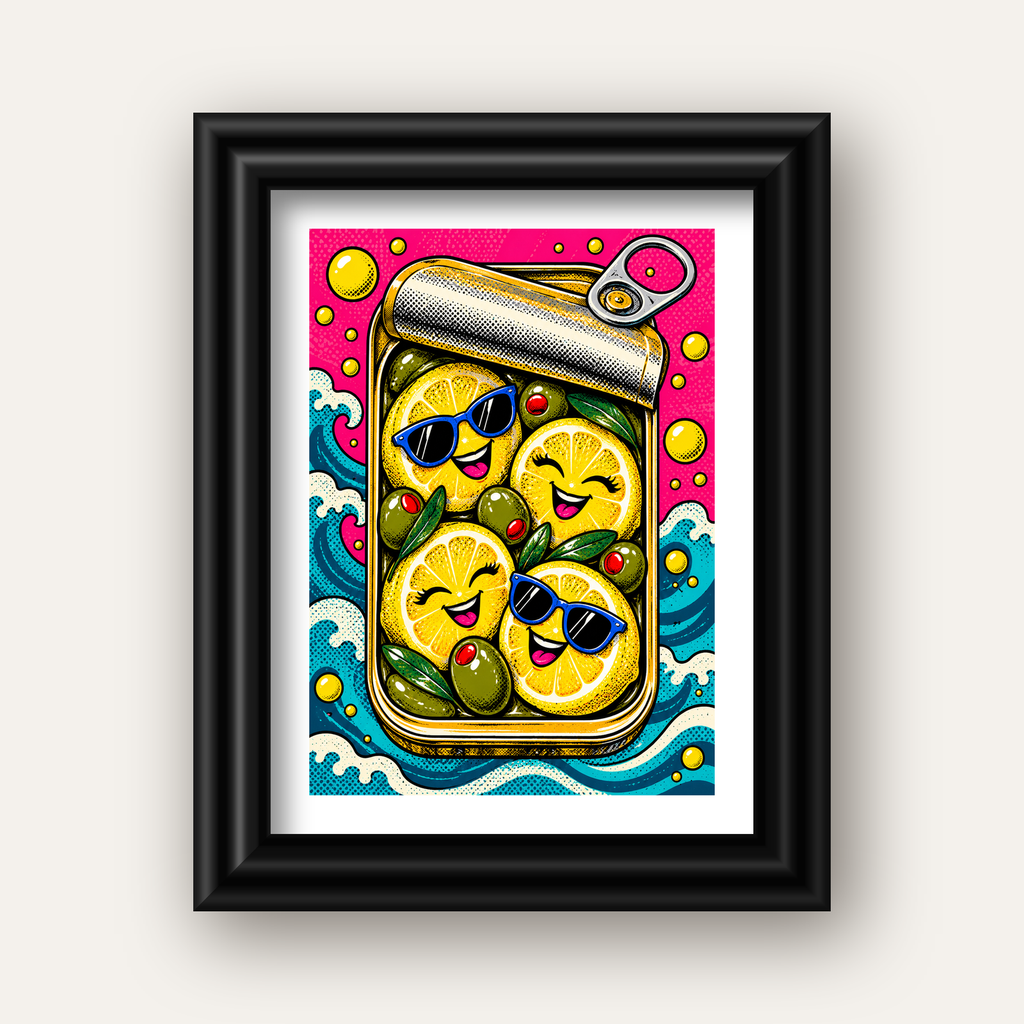 Limon ve Zeytinli Neşeli Konserve Poster - Çizgi Roman Stil — siyah galeri çerçeveli paspartulu