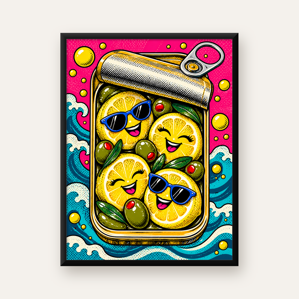 Limon ve Zeytinli Neşeli Konserve Poster - Çizgi Roman Stil — Dikey baskı, düz siyah çerçeveli duvar posteri
