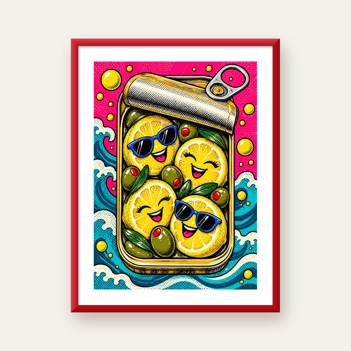 Limon ve Zeytinli Neşeli Konserve Poster - Çizgi Roman Stil — kırmızı çerçeveli paspartulu