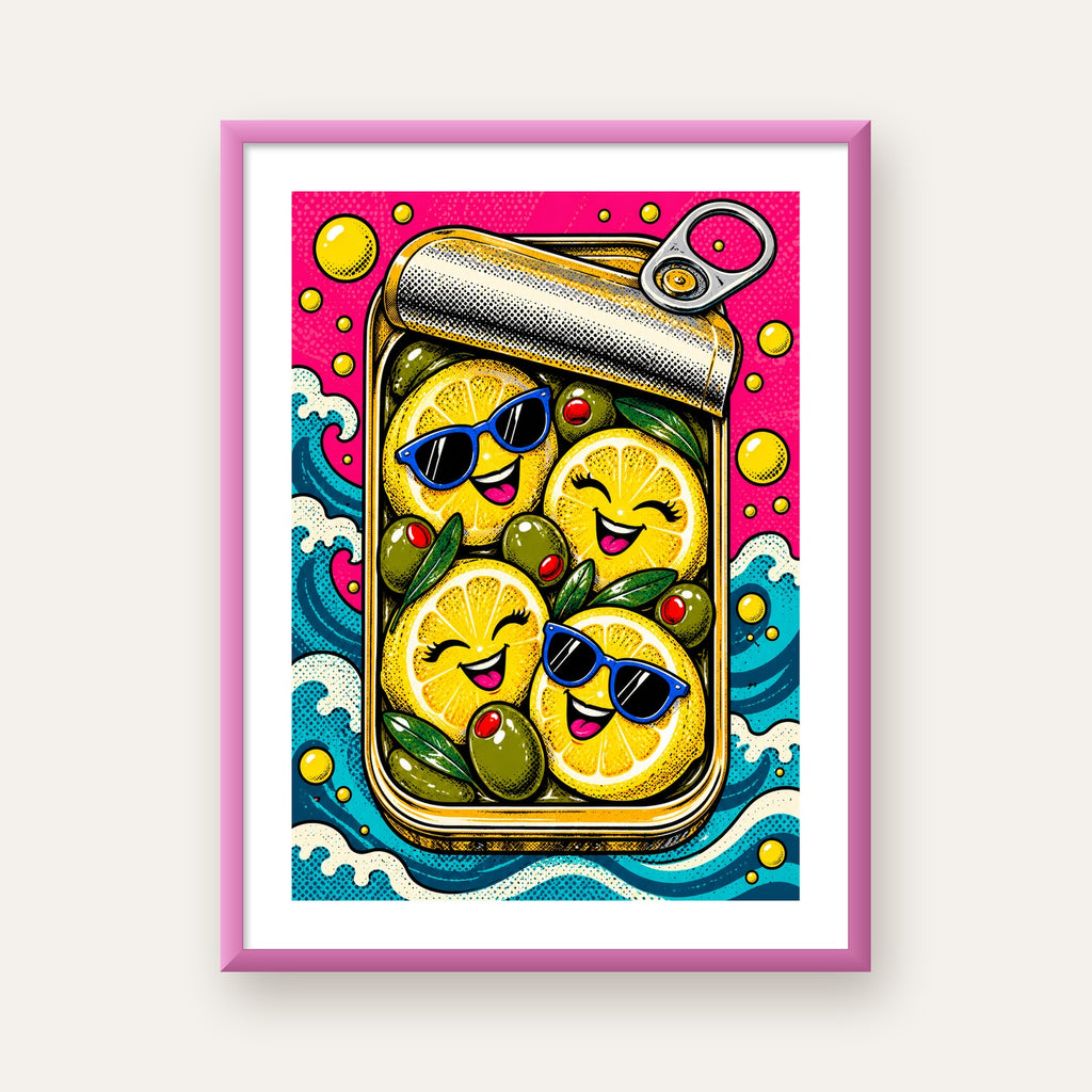 Limon ve Zeytinli Neşeli Konserve Poster - Çizgi Roman Stil — pembe çerçeveli paspartulu
