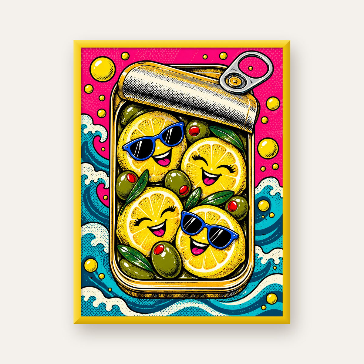 Limon ve Zeytinli Neşeli Konserve Poster - Çizgi Roman Stil — sarı çerçeveli