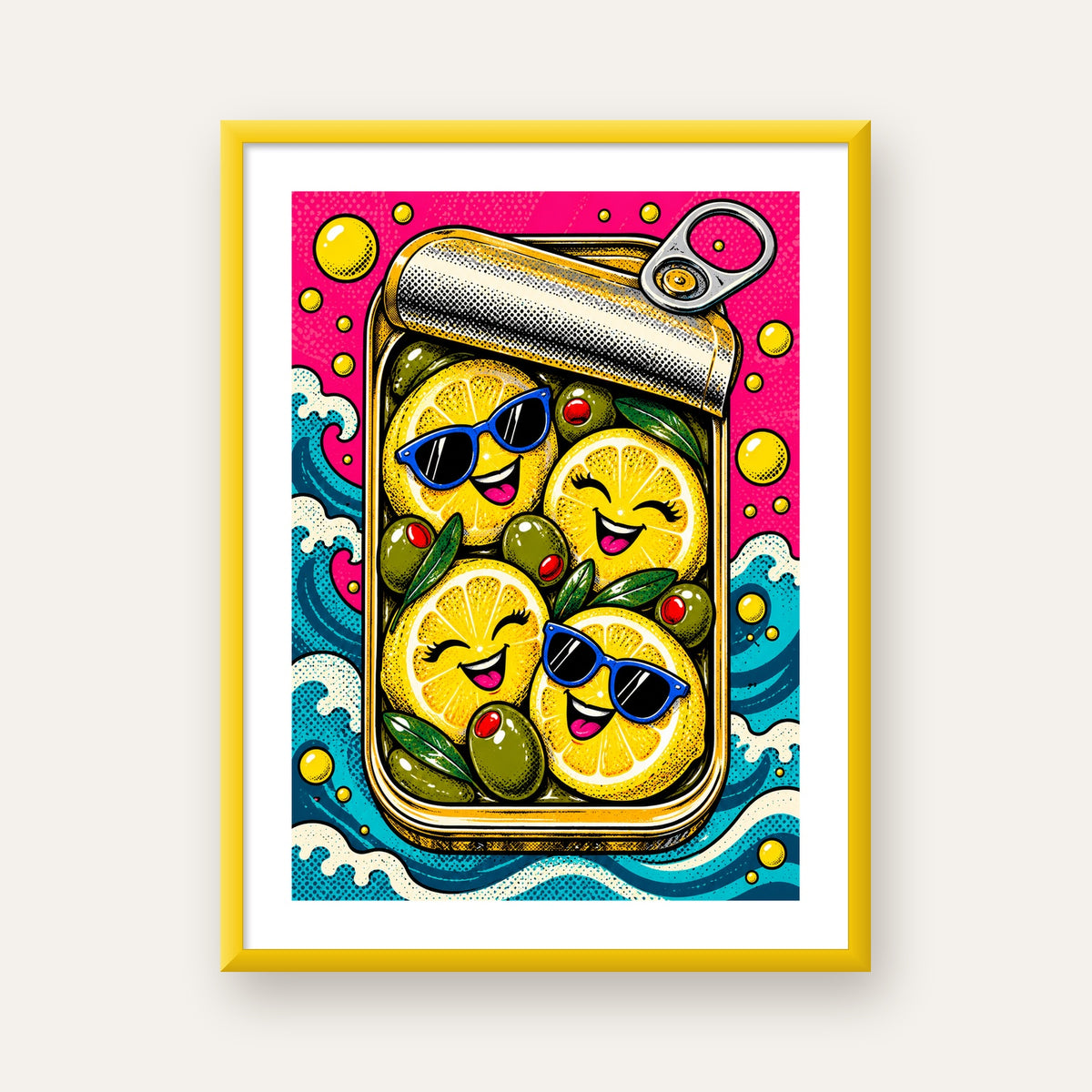 Limon ve Zeytinli Neşeli Konserve Poster - Çizgi Roman Stil — sarı çerçeveli paspartulu