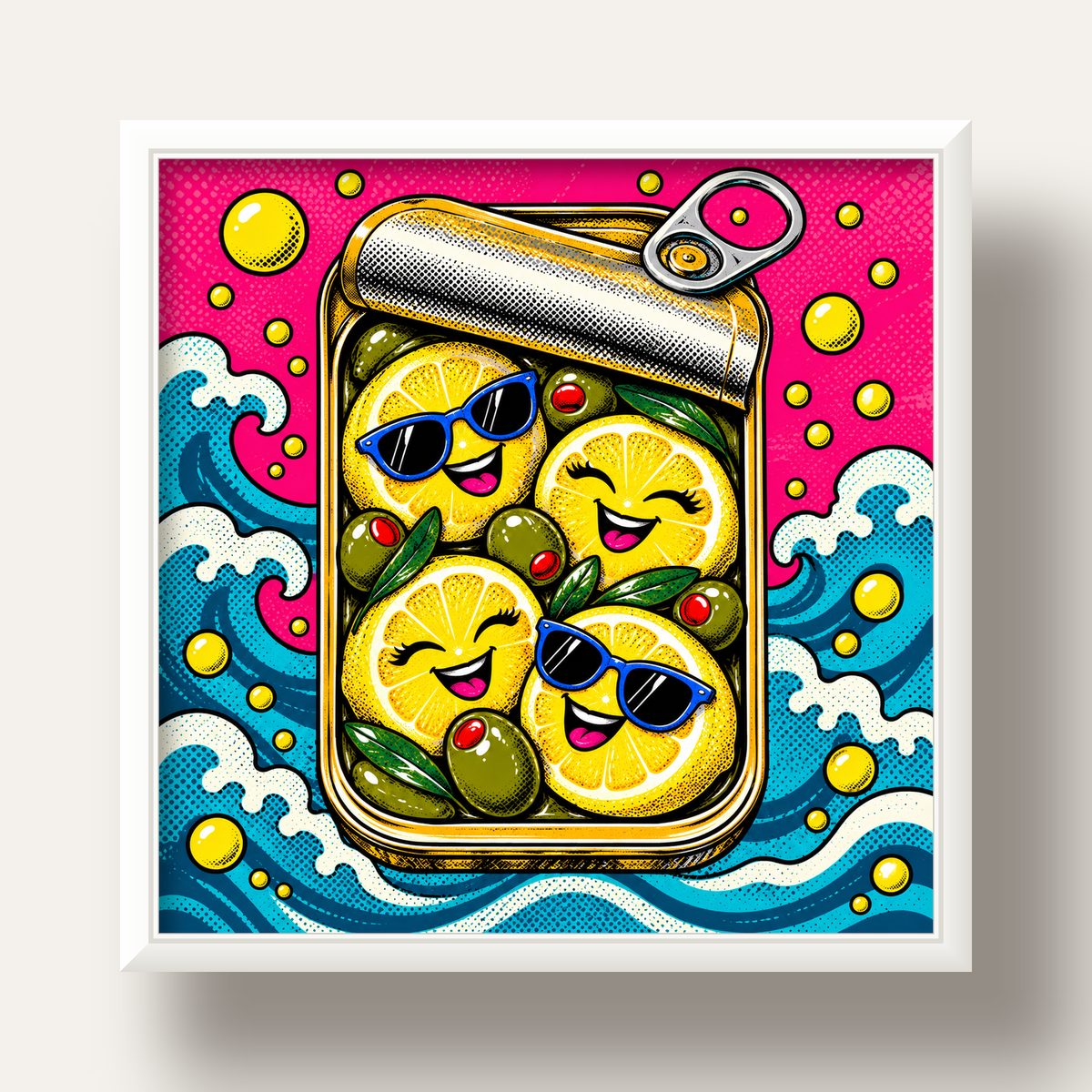 Limon ve Zeytinli Neşeli Konserve Poster - Çizgi Roman Stil — beyaz derin çerçeveli