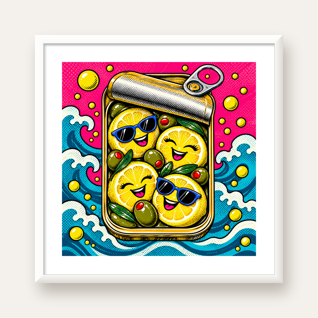 Limon ve Zeytinli Neşeli Konserve Poster - Çizgi Roman Stil — beyaz çerçeveli kare poster