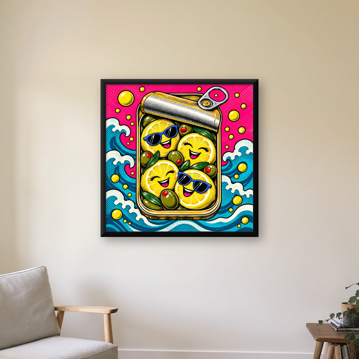Limon ve Zeytinli Neşeli Konserve Poster - Çizgi Roman Stil — Kare baskı, çerçeveli hâliyle bir ev duvarında