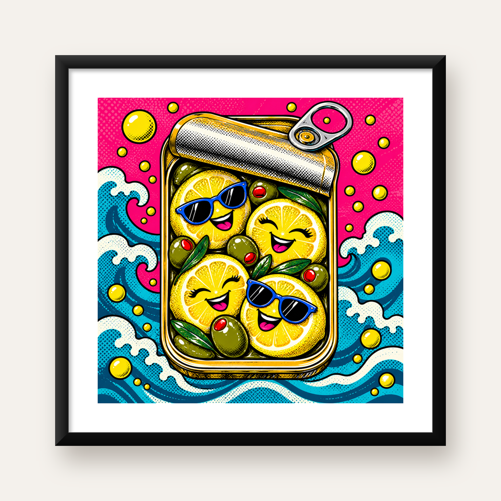 Limon ve Zeytinli Neşeli Konserve Poster - Çizgi Roman Stil — Kare baskı, beyaz paspartulu