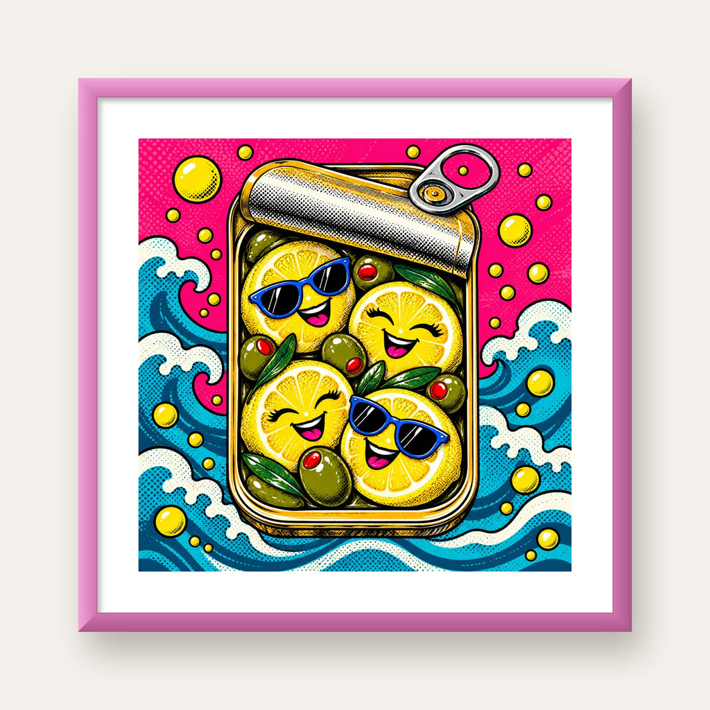 Limon ve Zeytinli Neşeli Konserve Poster - Çizgi Roman Stil — pembe çerçeveli paspartulu