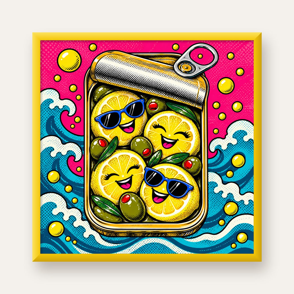Limon ve Zeytinli Neşeli Konserve Poster - Çizgi Roman Stil — sarı çerçeveli