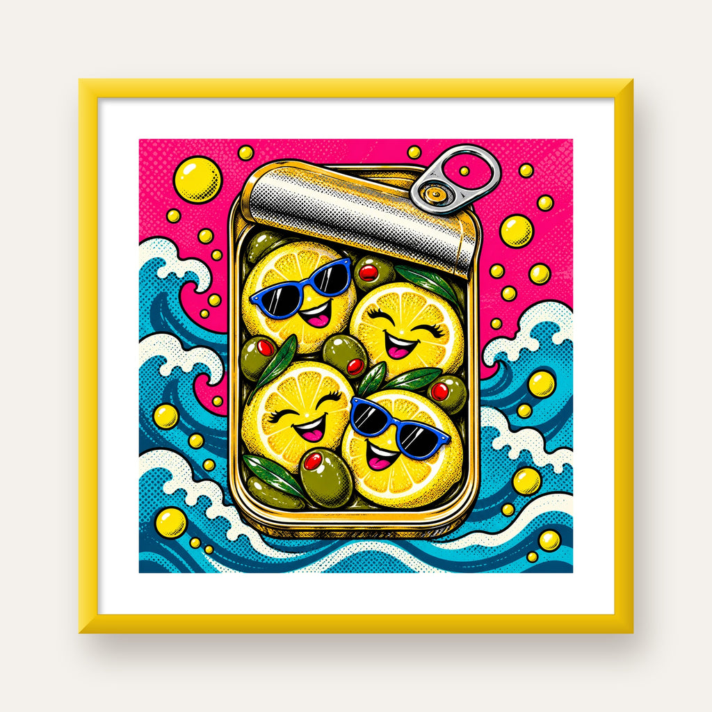 Limon ve Zeytinli Neşeli Konserve Poster - Çizgi Roman Stil — sarı çerçeveli paspartulu