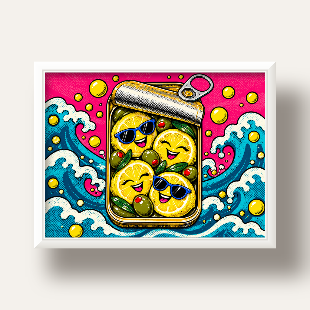 Limon ve Zeytinli Neşeli Konserve Poster - Çizgi Roman Stil — beyaz derin çerçeveli