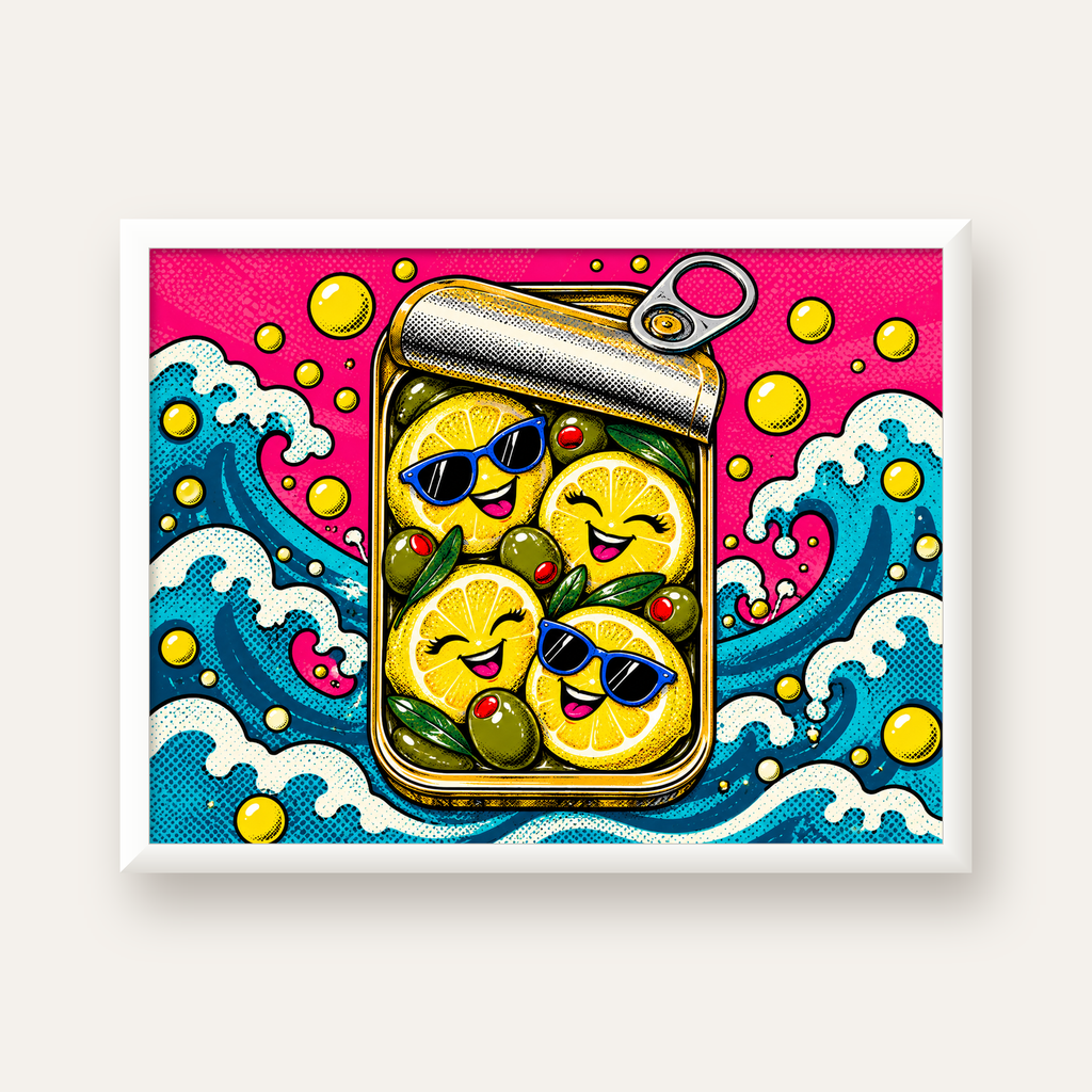 Limon ve Zeytinli Neşeli Konserve Poster - Çizgi Roman Stil — beyaz çerçeveli yatay poster