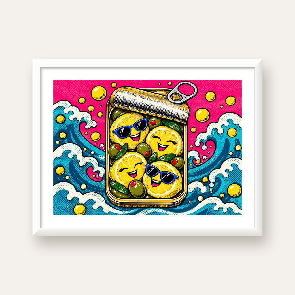 Limon ve Zeytinli Neşeli Konserve Poster - Çizgi Roman Stil — beyaz çerçeveli yatay poster