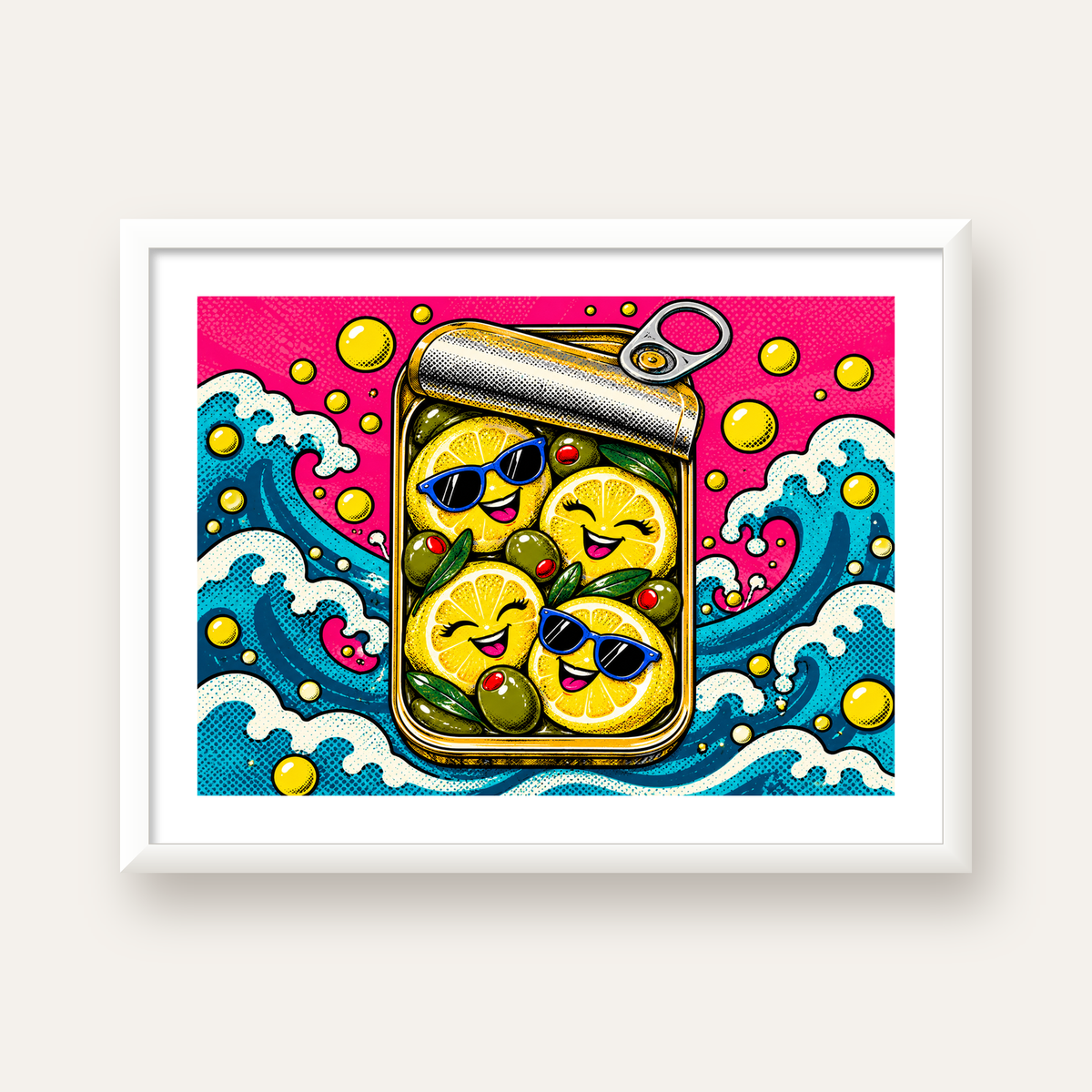 Limon ve Zeytinli Neşeli Konserve Poster - Çizgi Roman Stil — beyaz çerçeveli yatay poster
