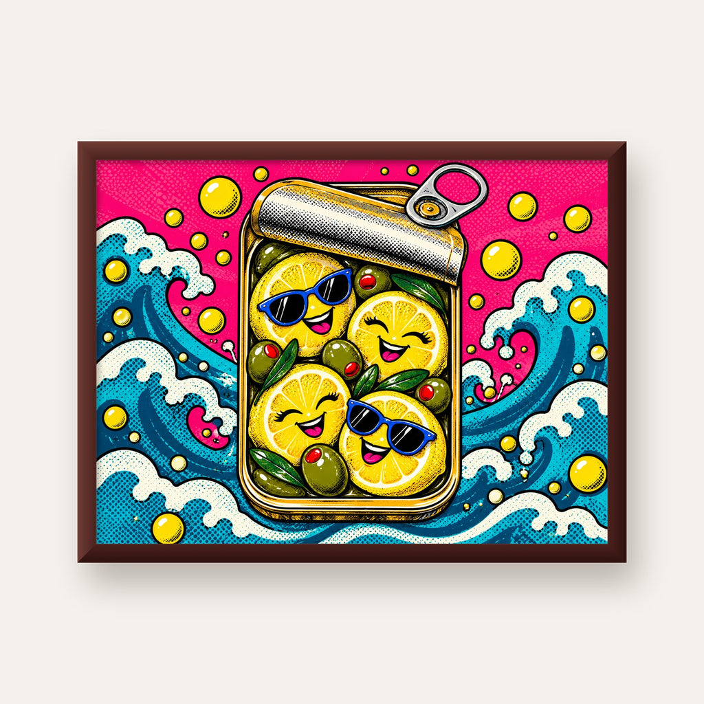 Limon ve Zeytinli Neşeli Konserve Poster - Çizgi Roman Stil — ceviz çerçeveli