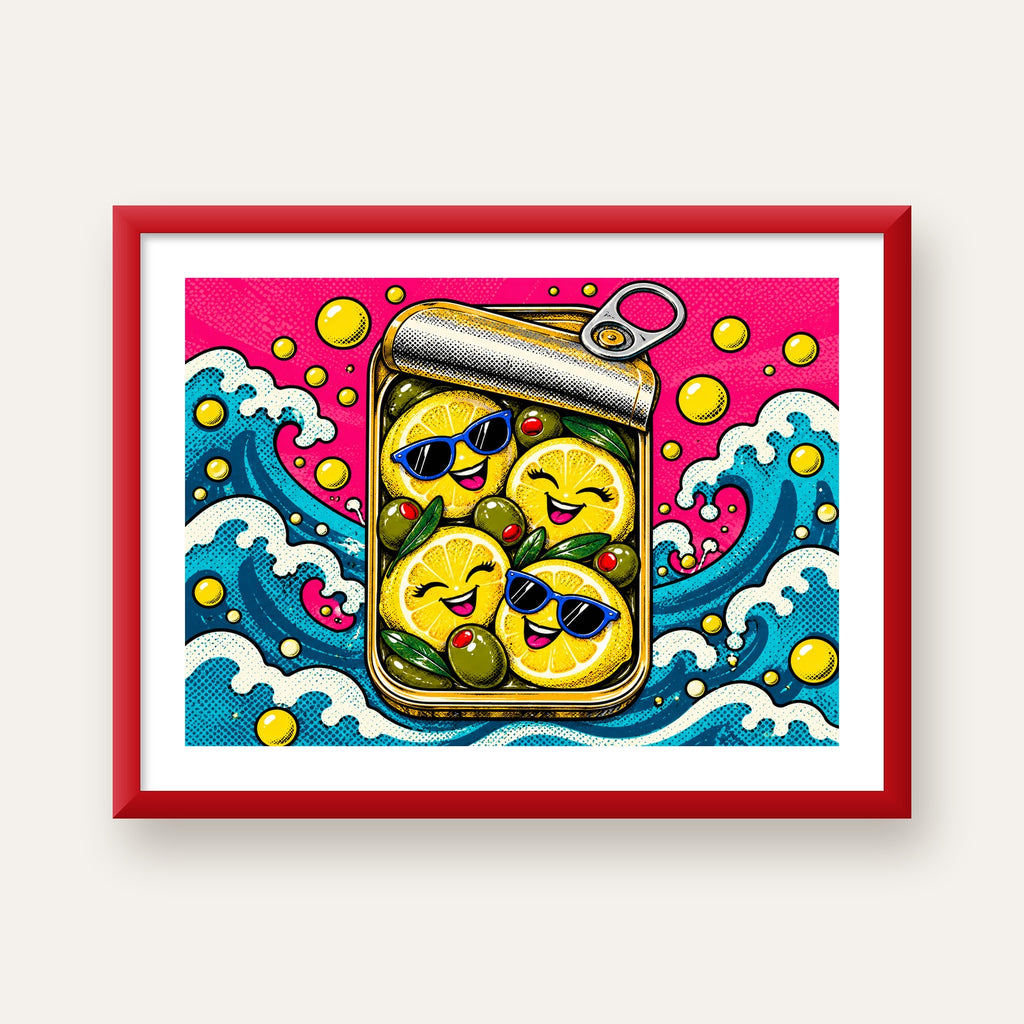 Limon ve Zeytinli Neşeli Konserve Poster - Çizgi Roman Stil — kırmızı çerçeveli paspartulu