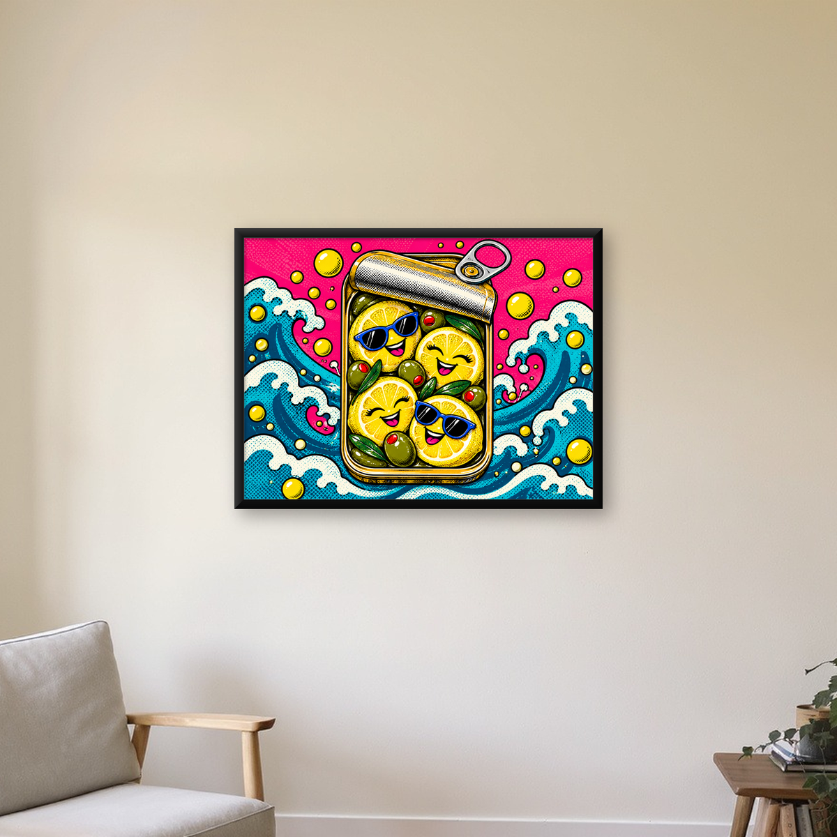 Limon ve Zeytinli Neşeli Konserve Poster - Çizgi Roman Stil — Yatay baskı, çerçeveli hâliyle bir ev duvarında