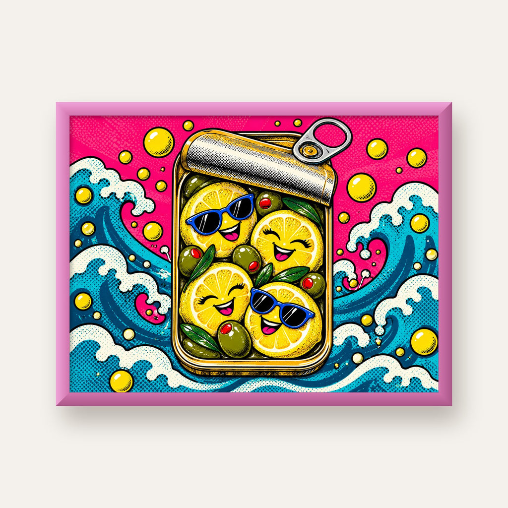 Limon ve Zeytinli Neşeli Konserve Poster - Çizgi Roman Stil — pembe çerçeveli
